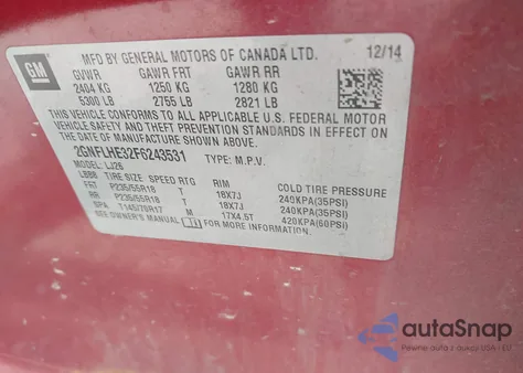 2015 Chevrolet Equinox Ltz из США, поврежденный, VIN 2GNFLHE32F6243531